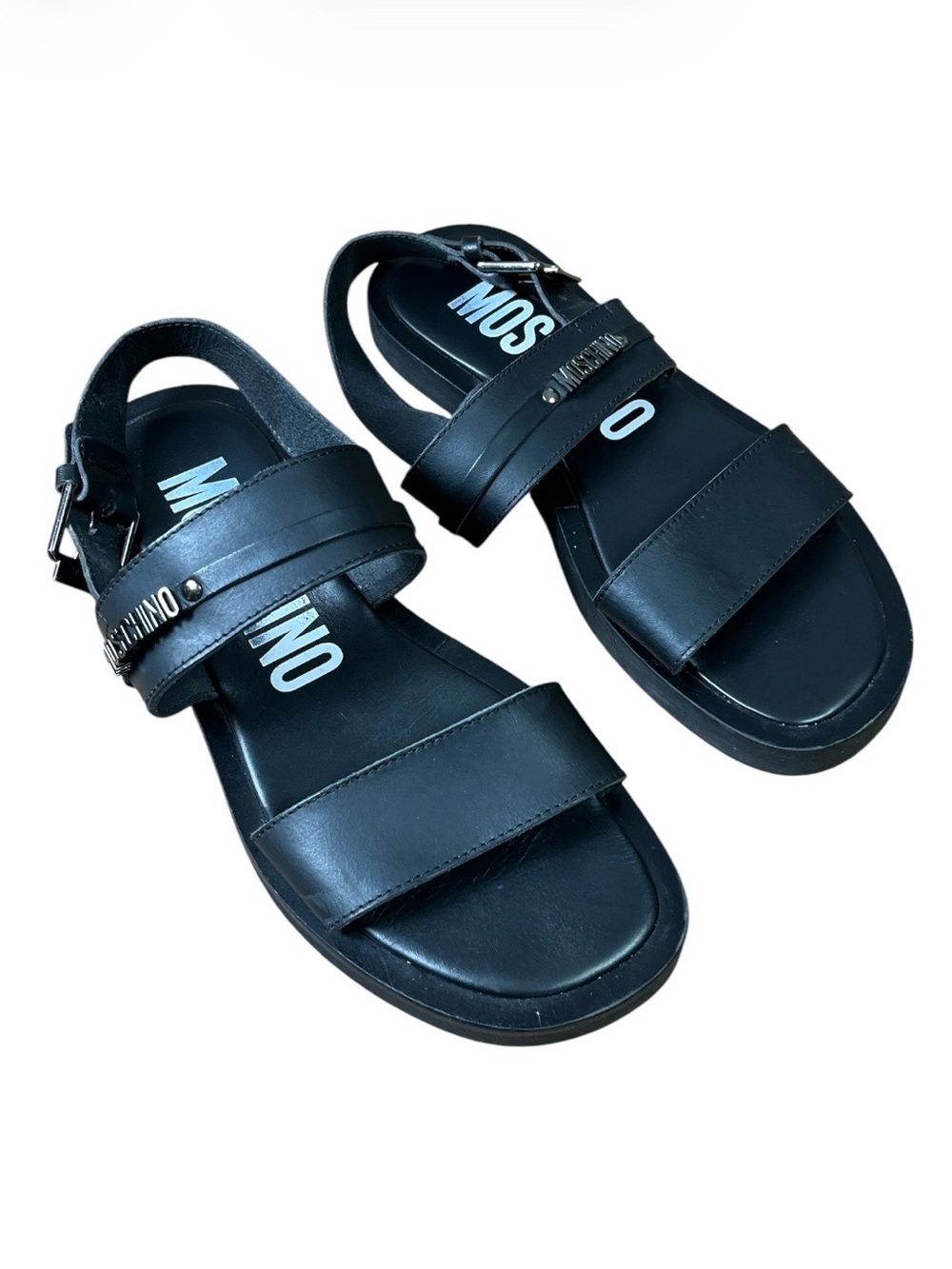 Moschino Men's Black Leather Logo Plate Strappy Sandals Made in Italy Size 43